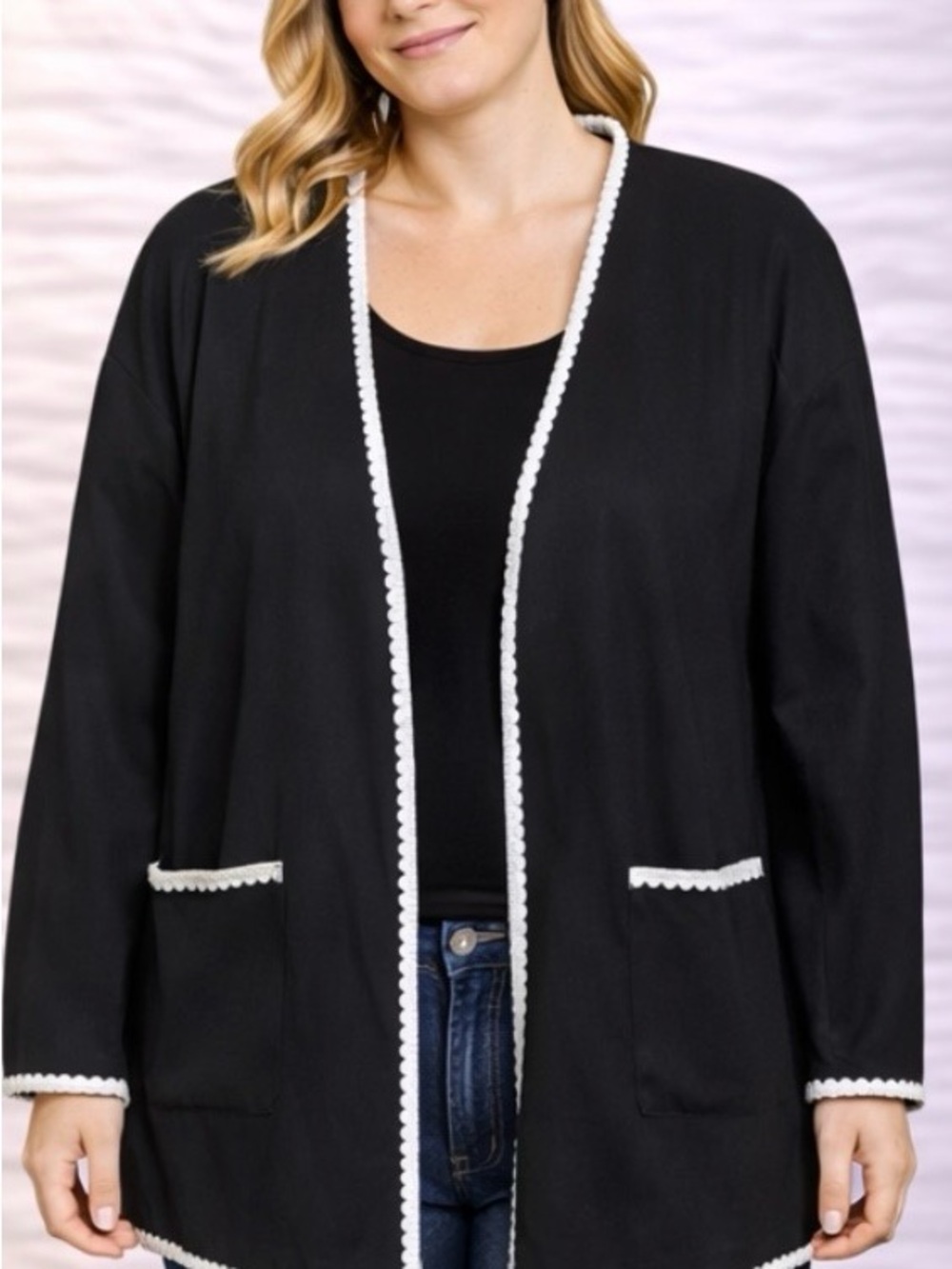 Women’s Plus Size Black Open Blazer with White Piping -  5XL